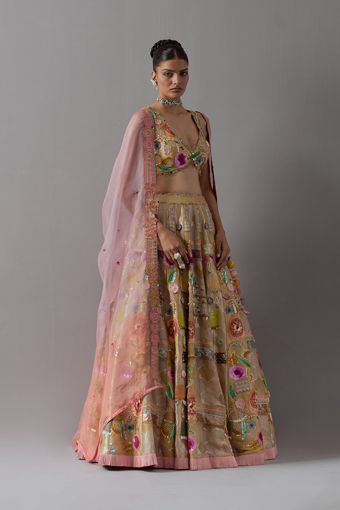 Beige Gold Embroidered Lehenga Set with Blush Pink Dupatta