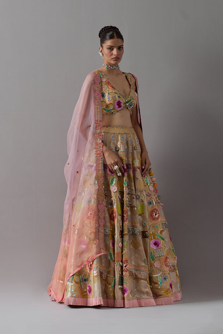 Beige Gold Embroidered Lehenga Set with Blush Pink Dupatta