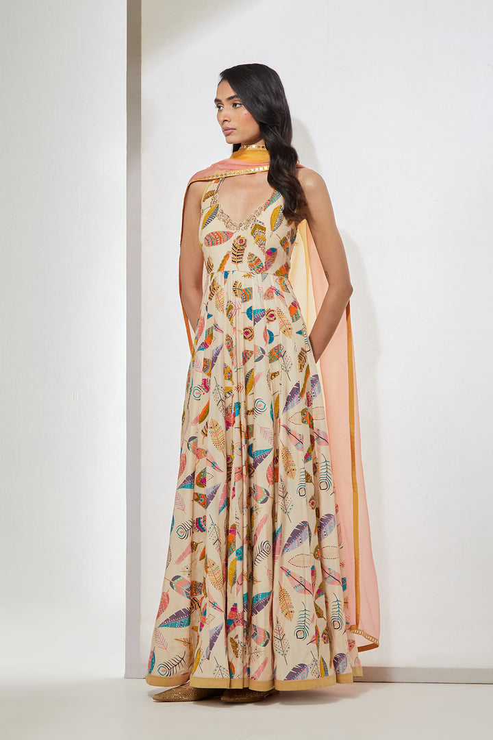 Ivory Feather Print Embellished Anarkali