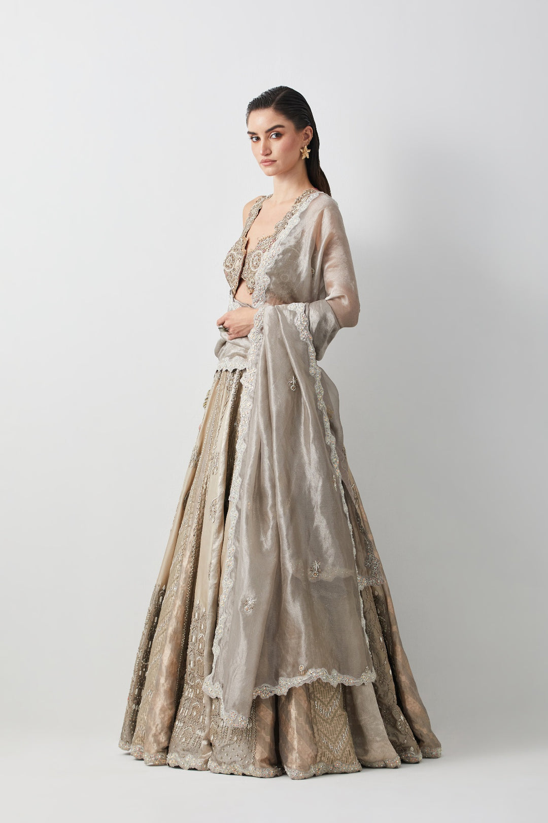 Silver Hand Embroidered Silk Brocade Lehenga Set