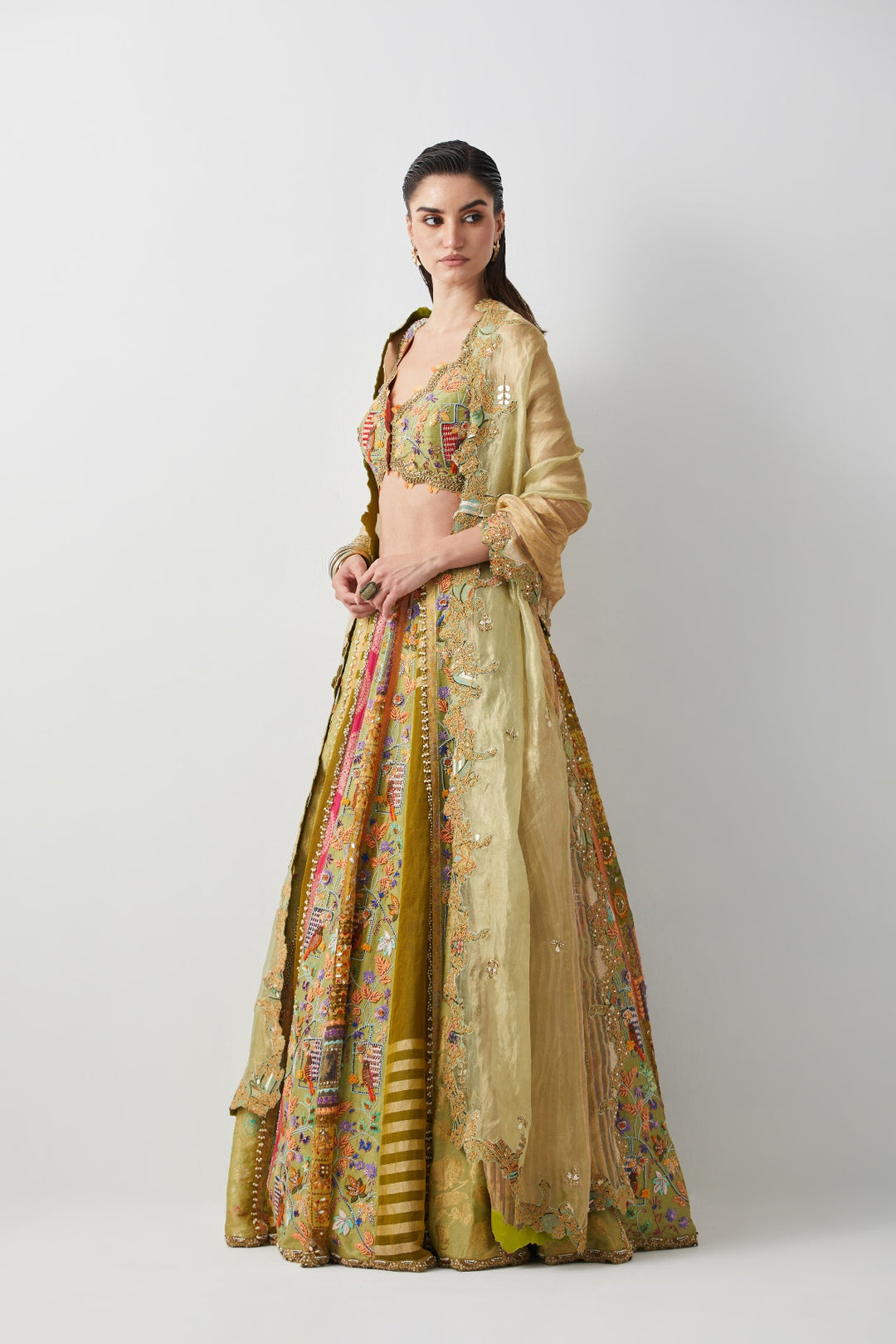Lime Yellow Hand Embroidered Silk Lehenga Set