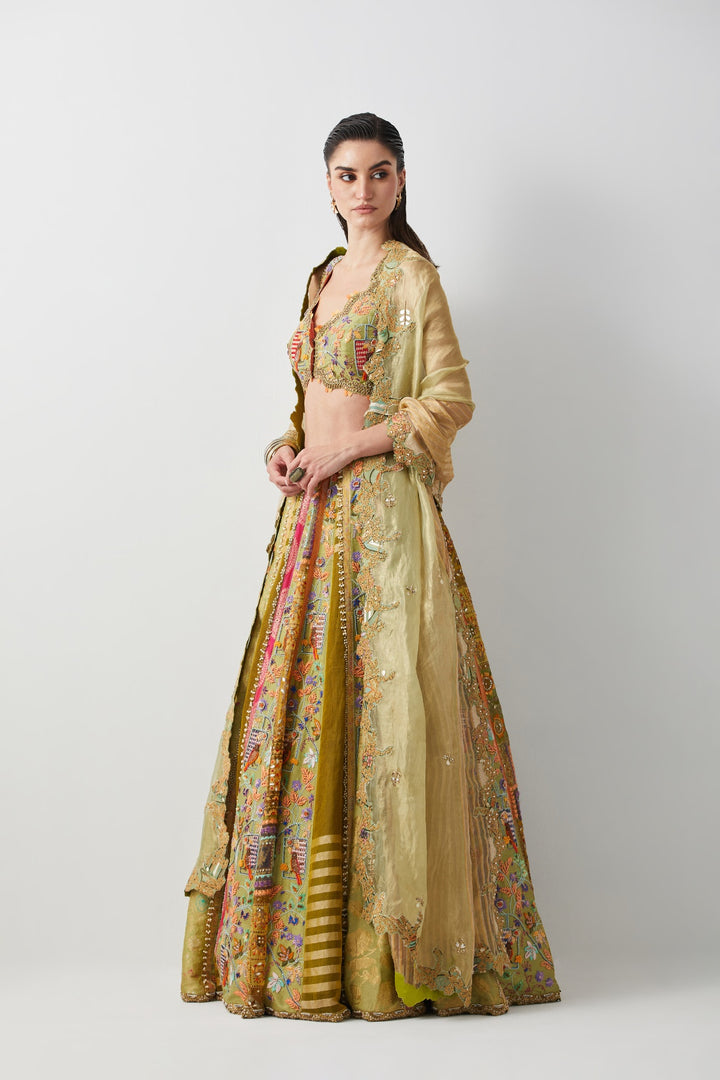 Lime Yellow Hand Embroidered Silk Lehenga Set
