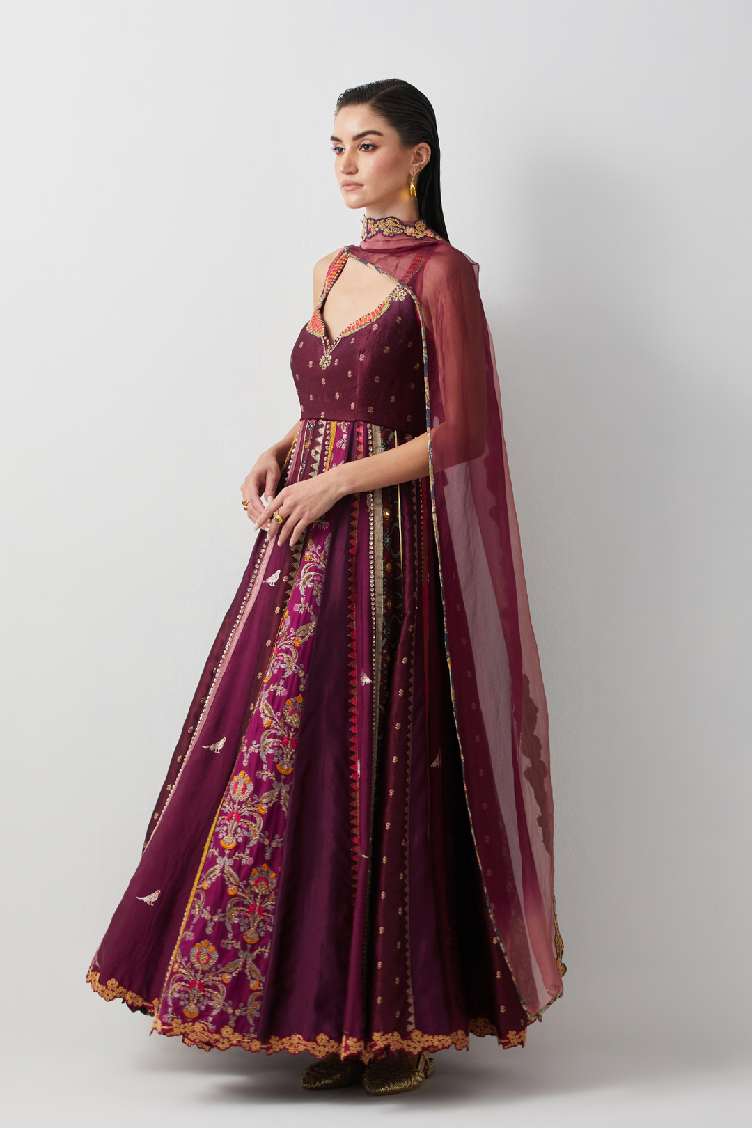 Wine Silk Embroidered Anarkali Set