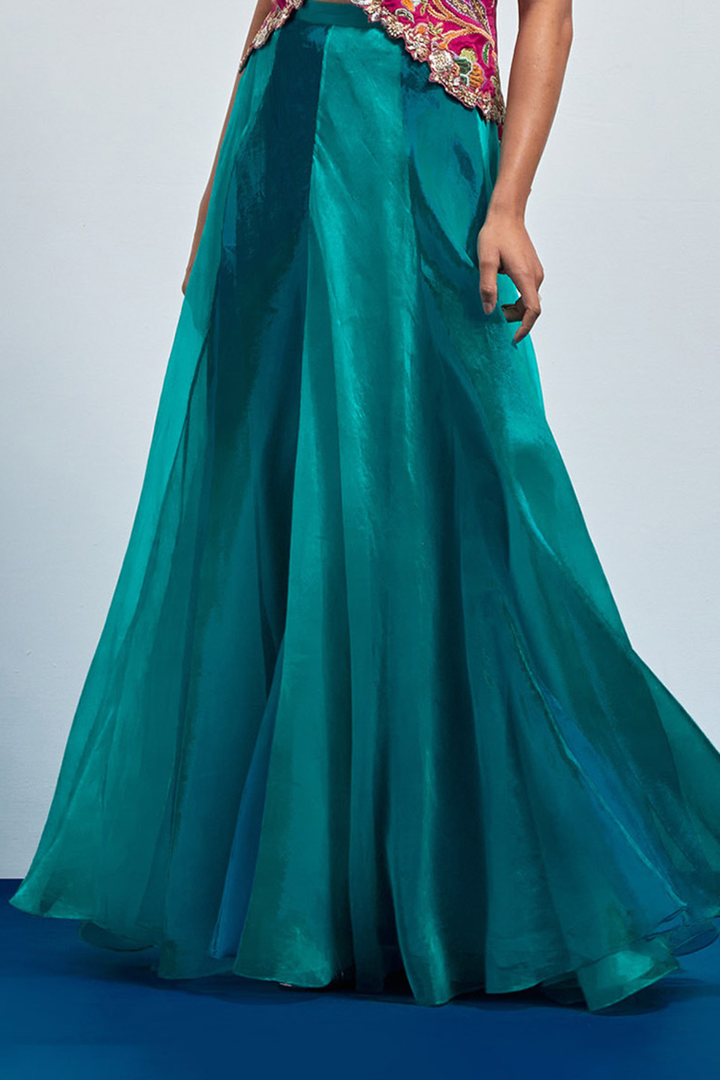 Teal Organza Flared Lehenga Skirt+Mustard Cheetah &amp; Floral Threadwork Waistcoat