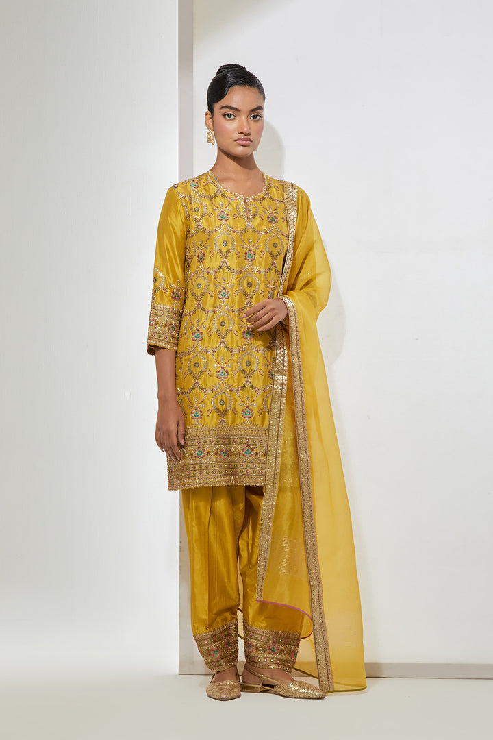 Mustard Embroidered Kurta Set with Dupatta