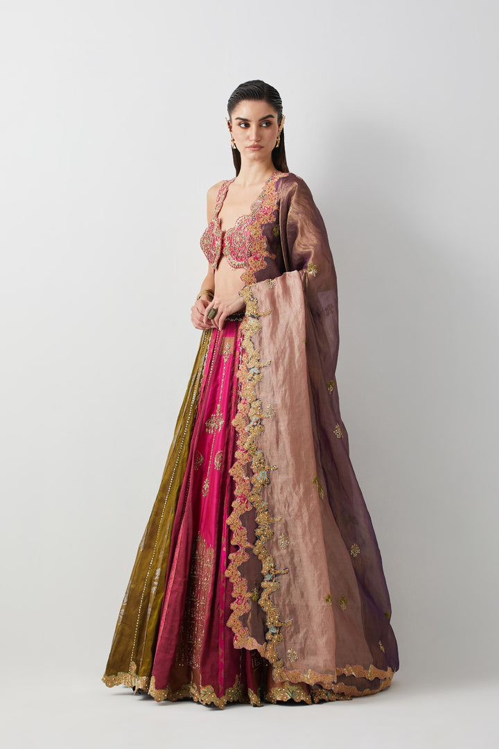 Multicolour Tissue &amp; Silk Hand Embroidered Lehenga Set