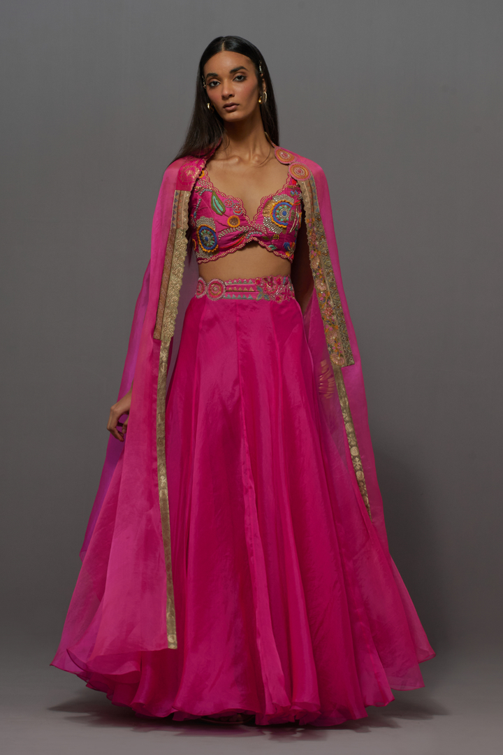 Pink embroidered skirt, cape and blouse set