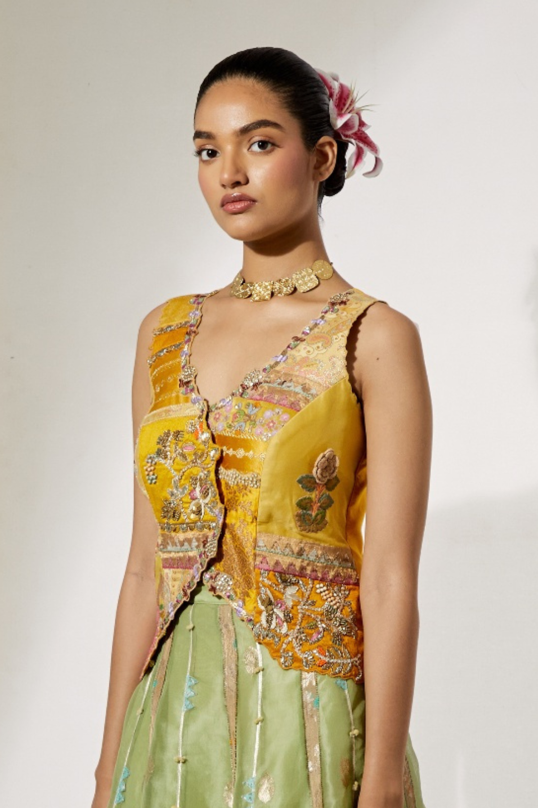 Yellow Organza Skirt with Floral Thread Embroidery+Mustard Patchwork Embroidered Corset Vest