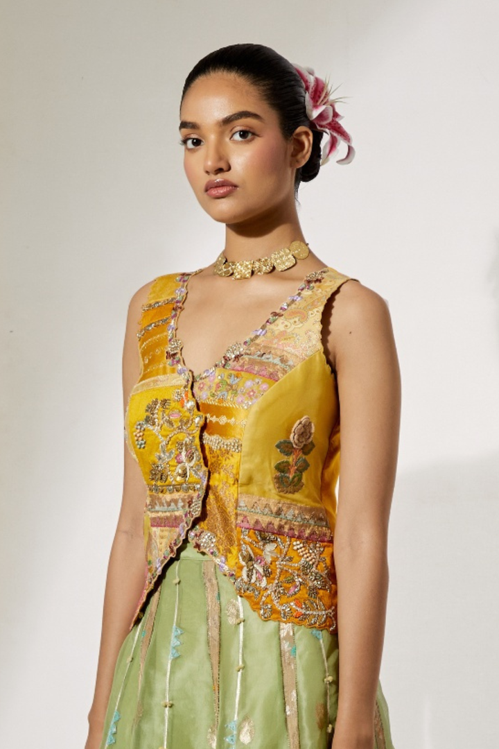 Yellow Organza Skirt with Floral Thread Embroidery+Mustard Patchwork Embroidered Corset Vest