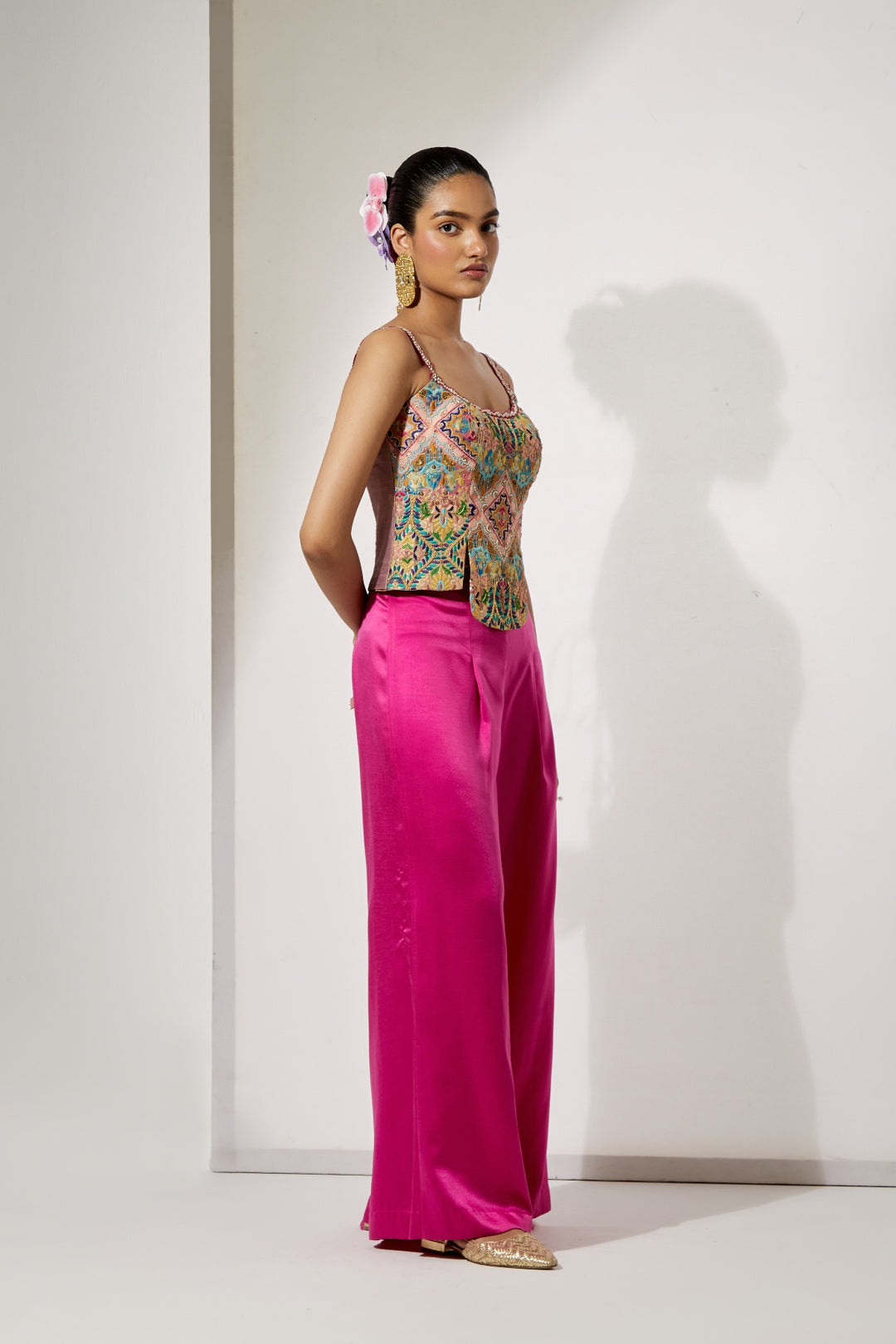 Fuchsia Embroidered Corset &amp; Palazzo Set