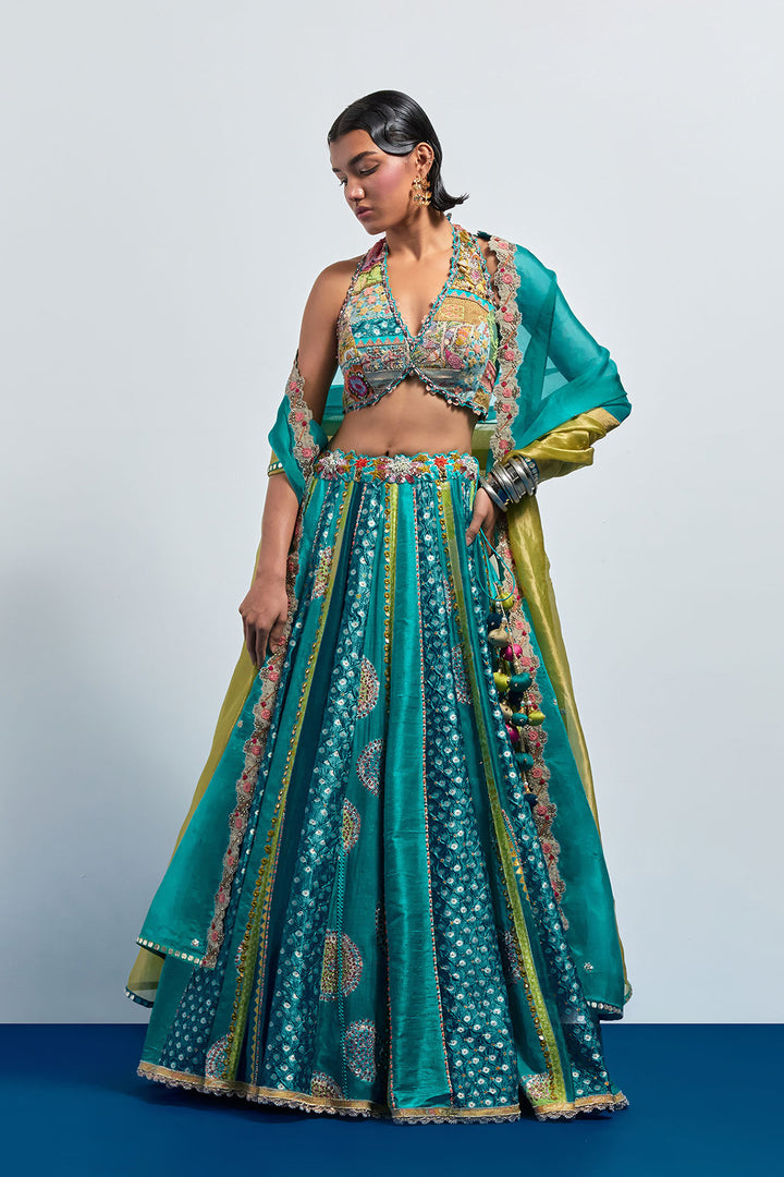 Sea green multi colour embroidered lehenga set