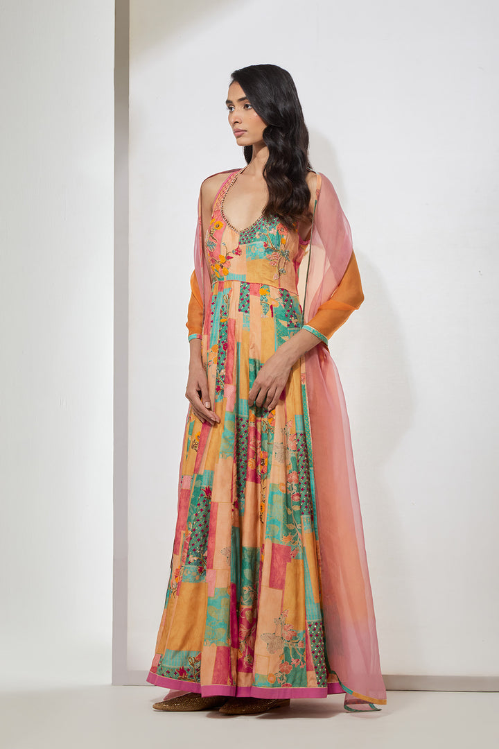 Pastel Floral Printed Anarkali Set
