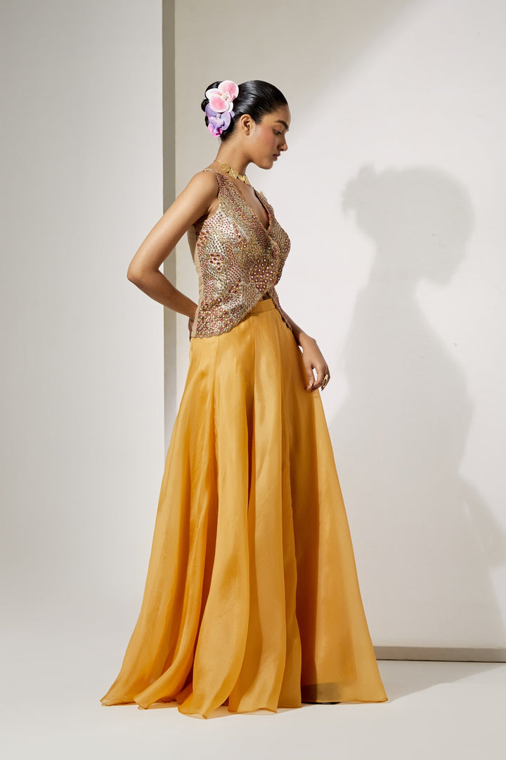 Mustard Gold Embroidered Corset &amp; Organza Skirt Set | RTS