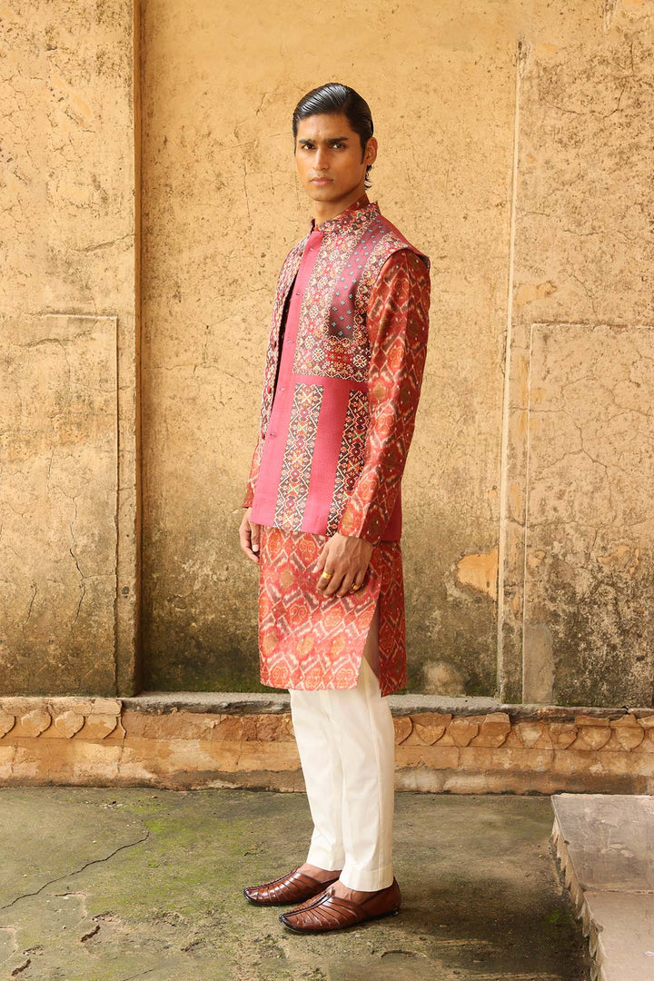 Rust Ikat Silk Bundi Set
