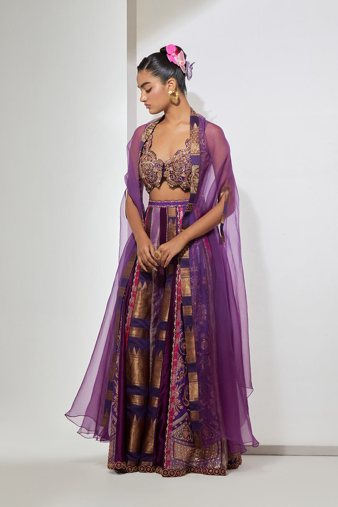 Wine Embroidered Bralette Lehenga Set with Organza Dupatta
