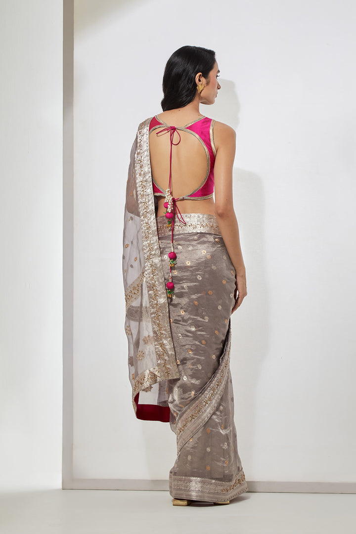 Ash Grey Tissue Organza Saree with Zardozi Border &amp; Hot Pink Embroidered Blouse
