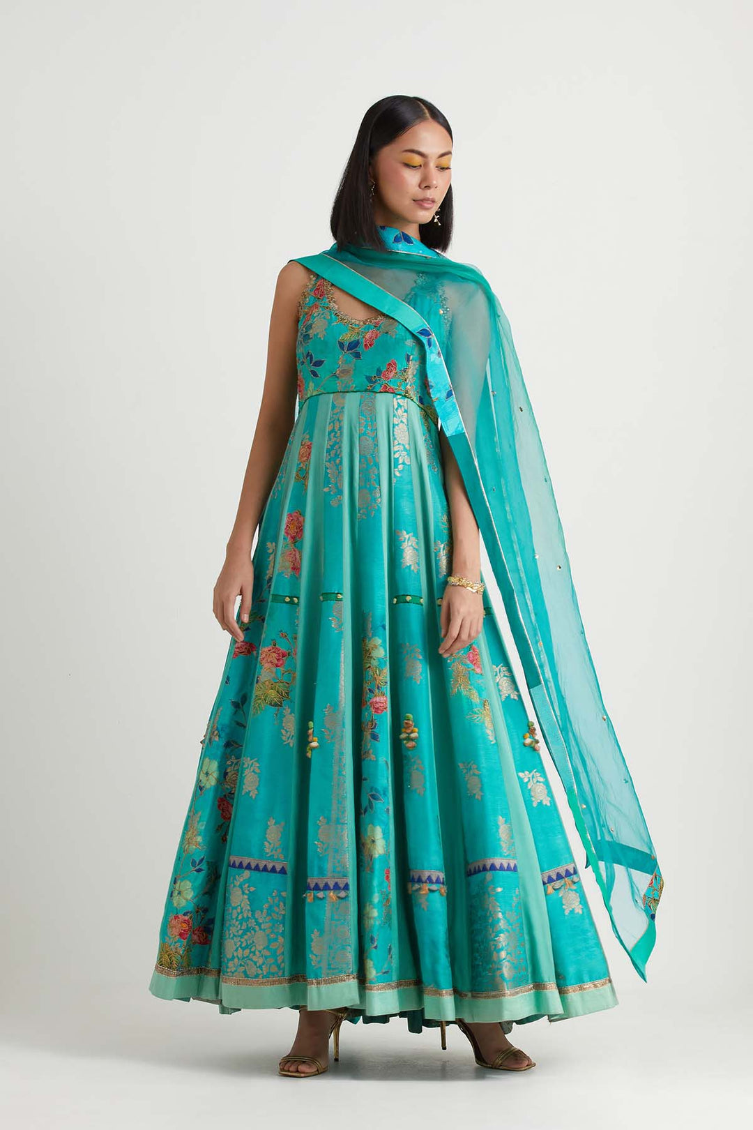 Aqua printed embroidered anarkali with dupatta