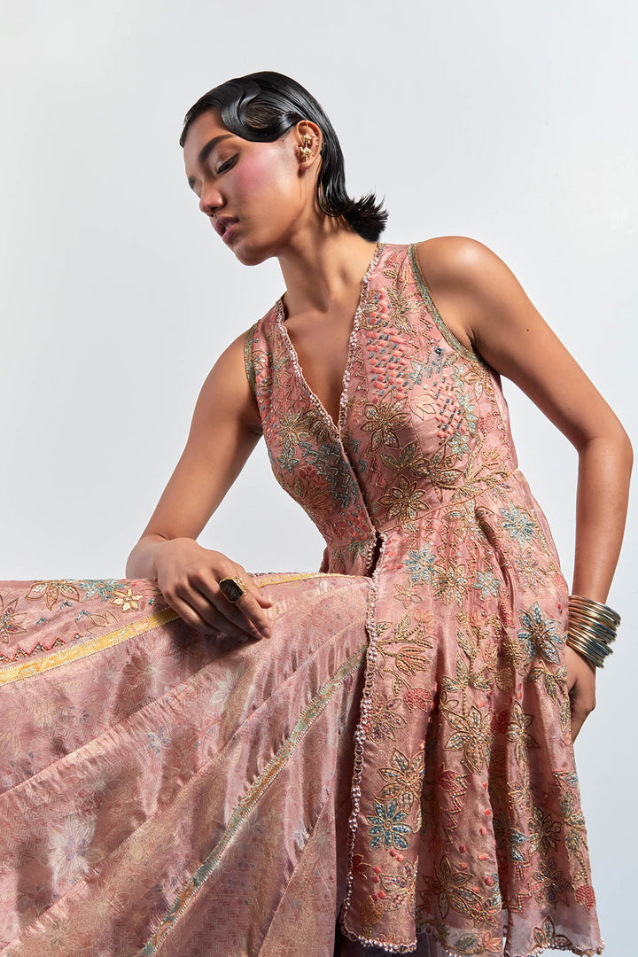 Pink embroidered peplum sharara set
