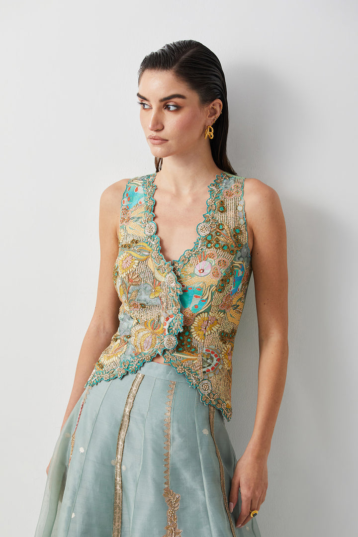 Aqua embroidered skirt corset set