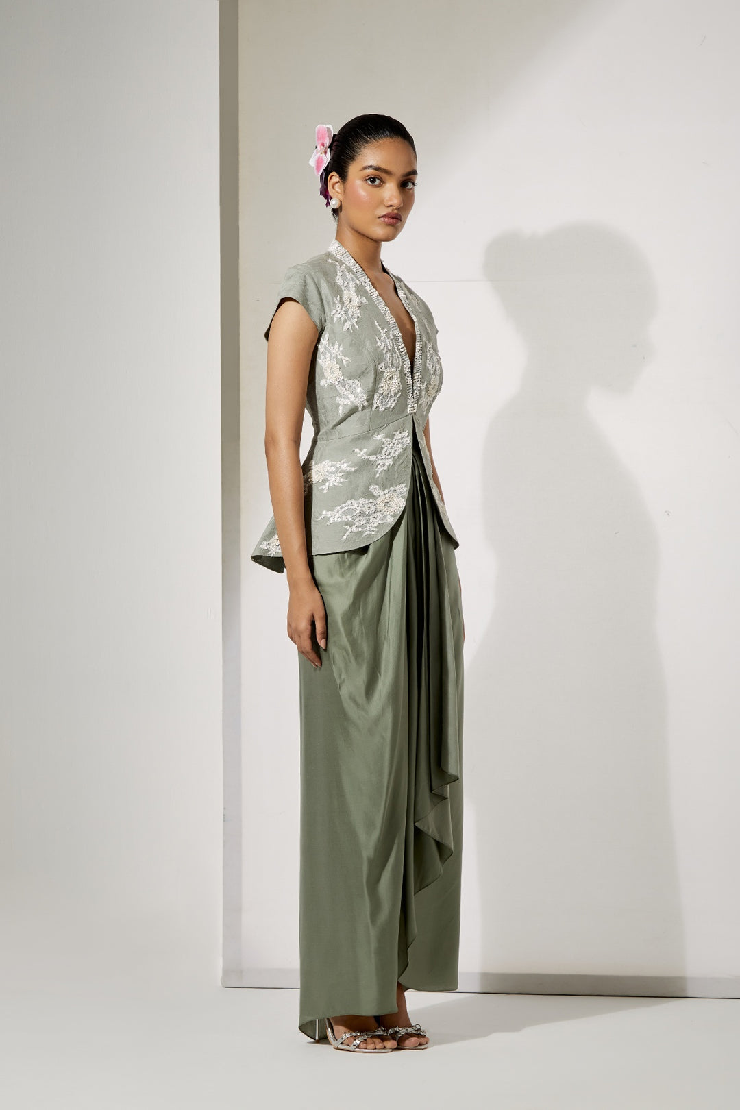 Sage Foil Silk Top &amp; Draped Satin Skirt Set