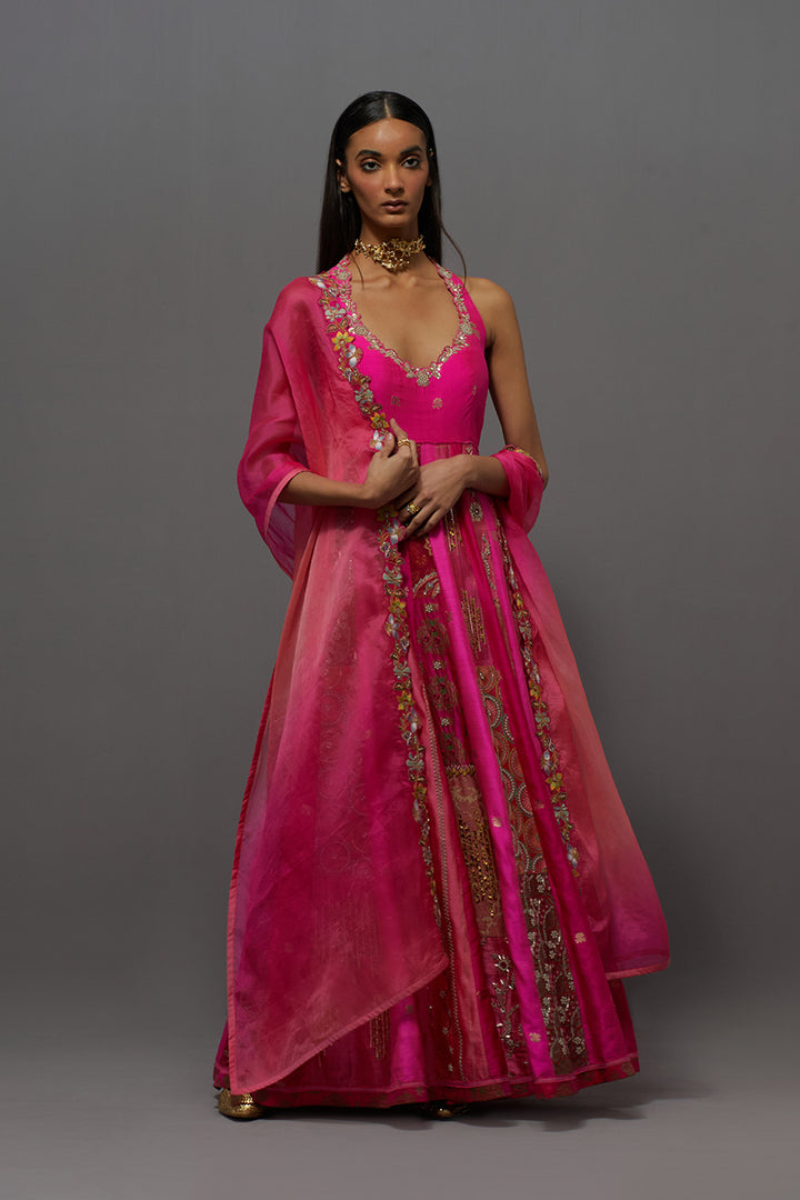 Fuchsia Embroidered Anarkali Set with Ombre Dupatta