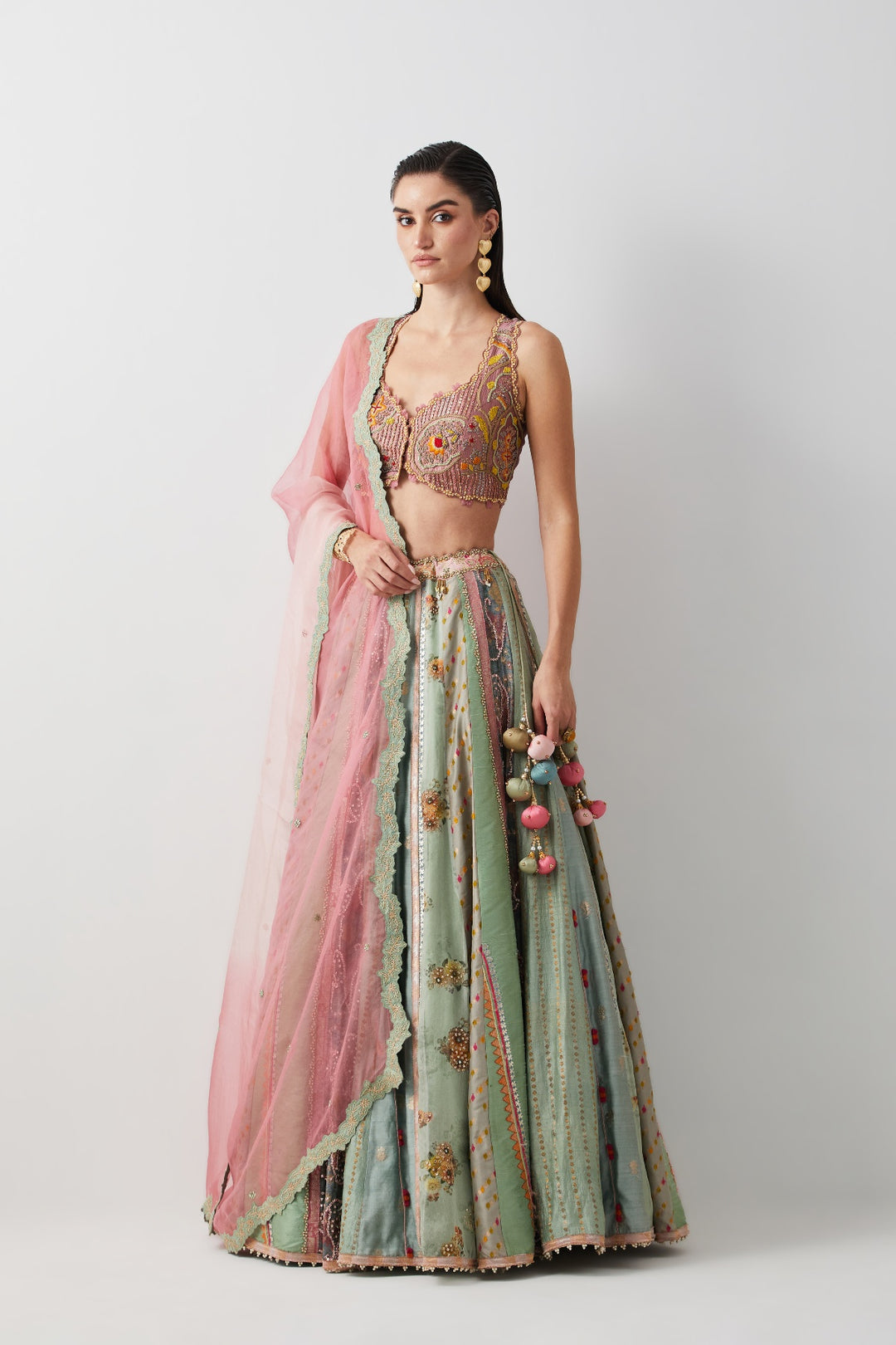 Aqua Silk Hand Embroidered Lehenga Set with Organza Dupatta