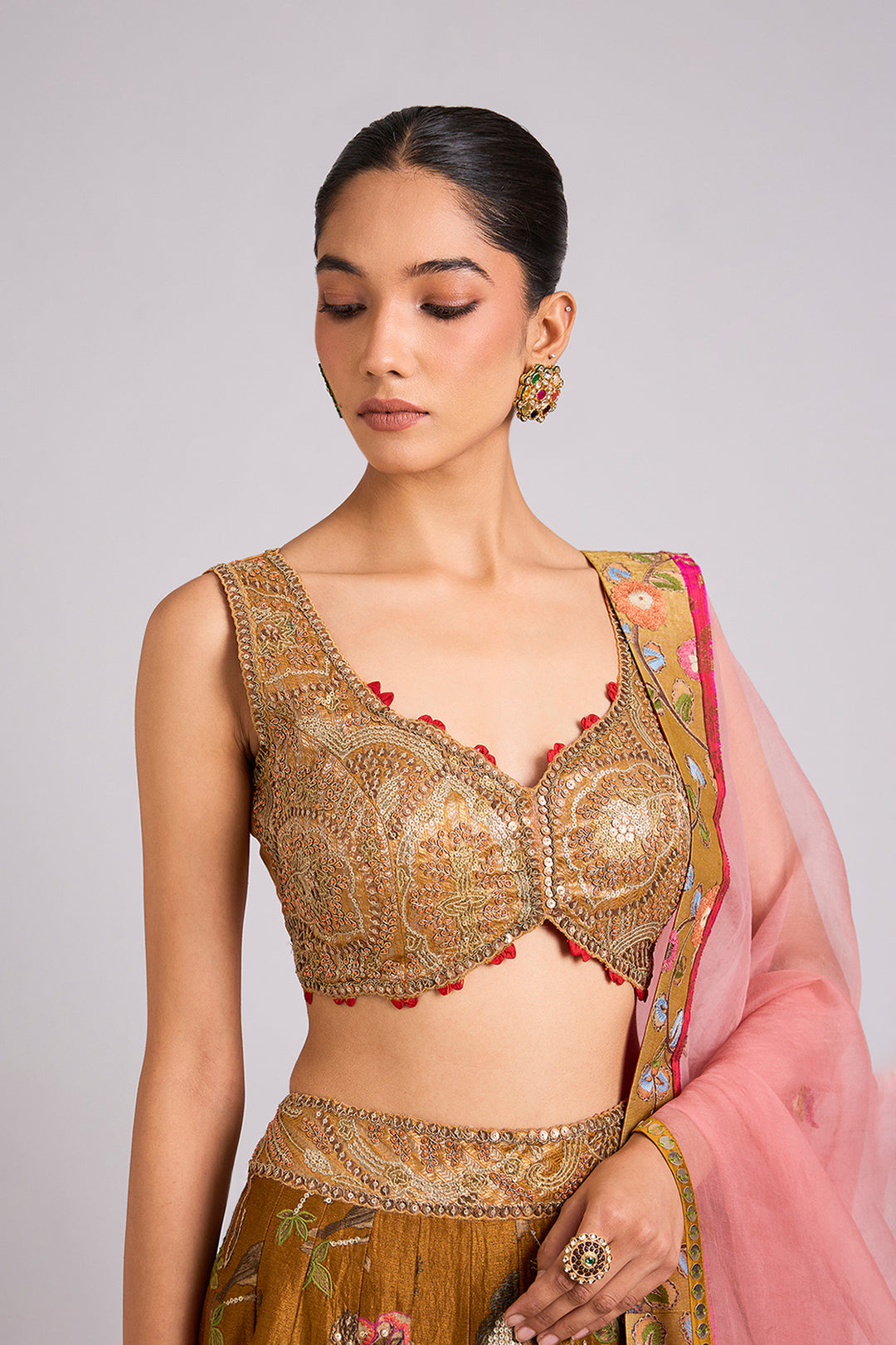 Olive Gold Floral Embroidered Lehenga Set with Blush Pink Organza Dupatta | RTS