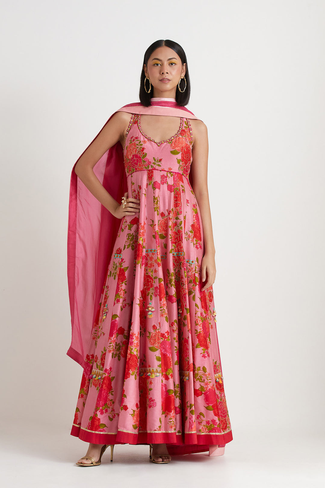 Pink printed embroidered anarkali gown with dupatta