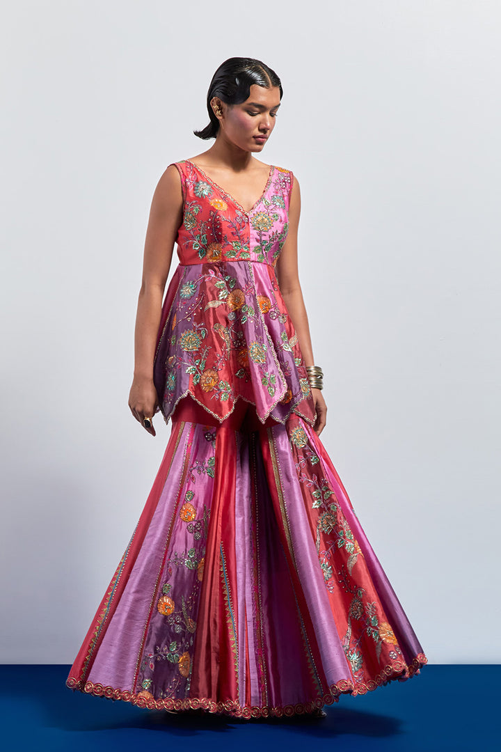 MAuve pink ombre Embroidered peplum sharara set
