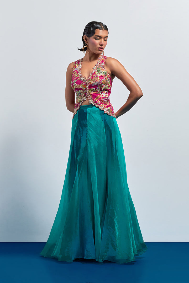 Fuchsia Embroidered Corset with Teal Organza Skirt
