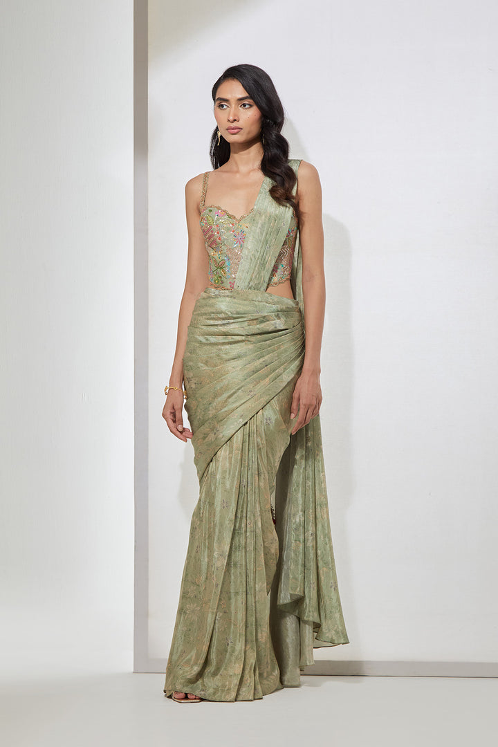 Sage Green Embellished Pre-Draped Saree with Corset Blouse