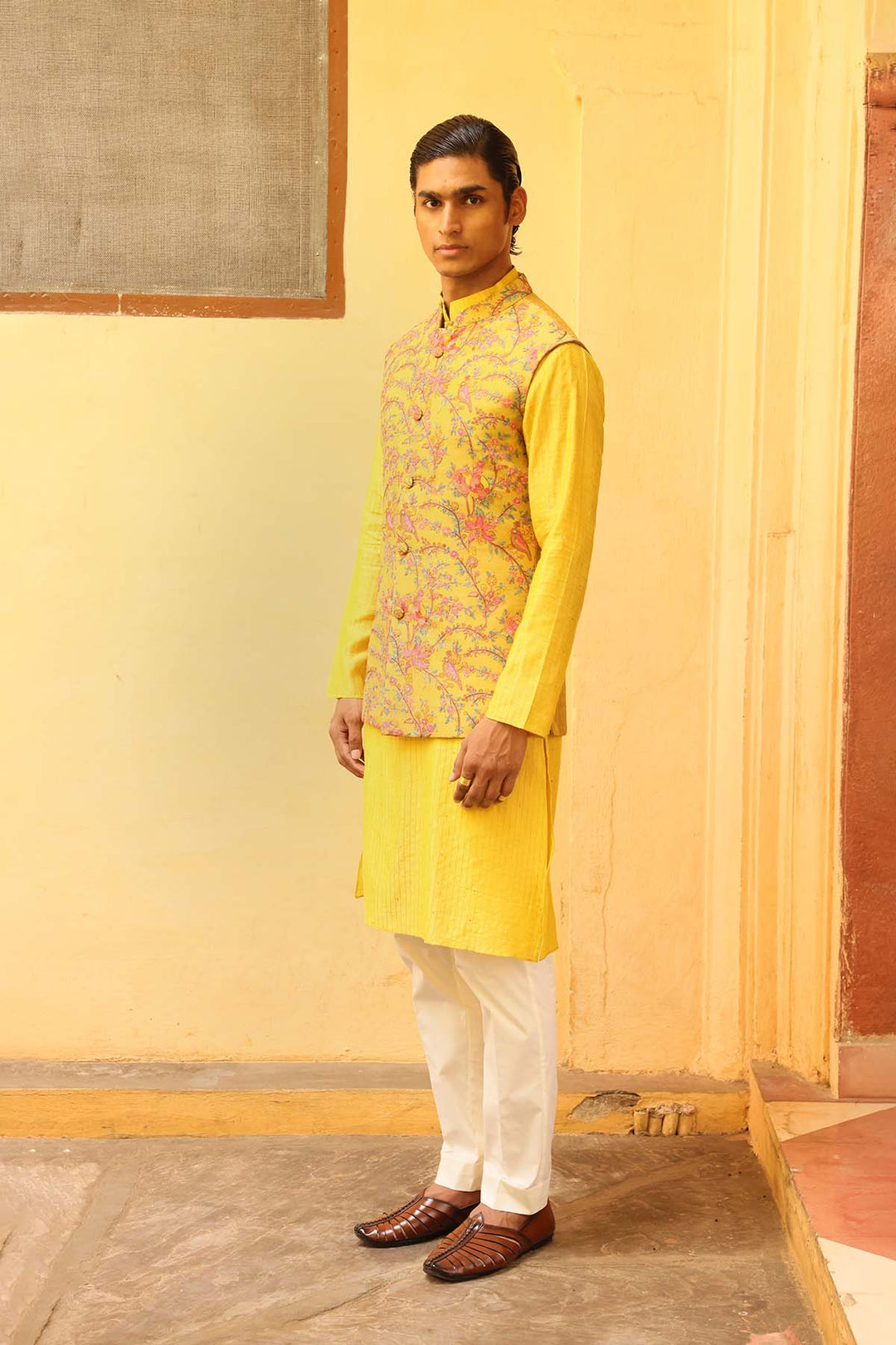 Sunshine Yellow Silk Brocade Jaal Bandi Set