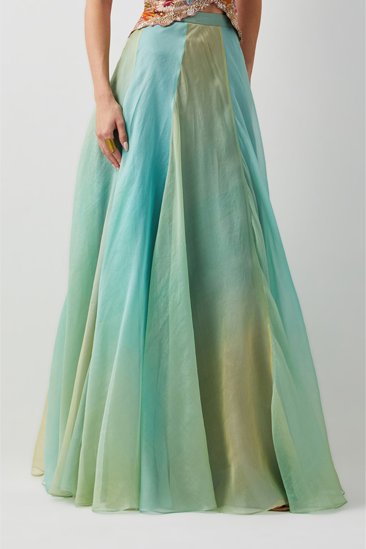 Ombre Aqua-Green Organza Skirt+Aqua Gold Embroidered Corset