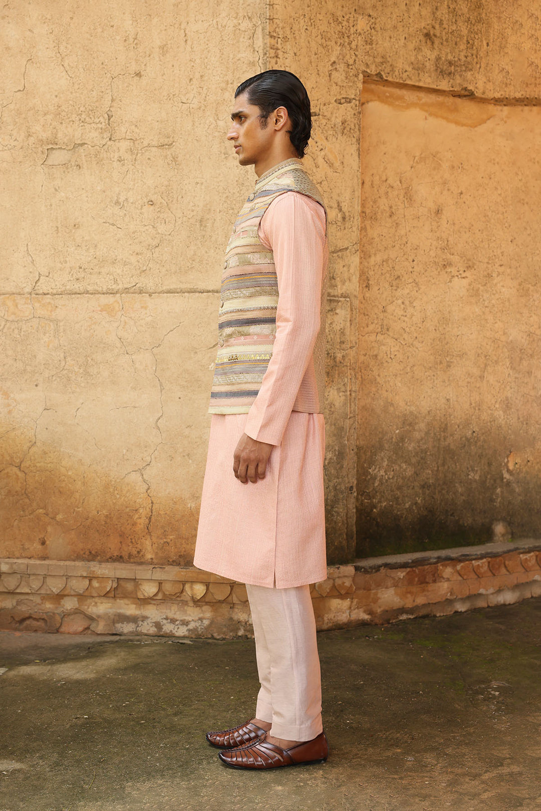 Blush kurta set with Linear embroidered jacket