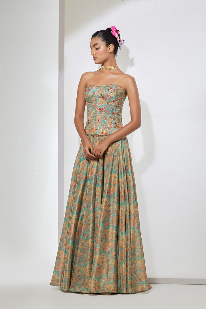Aqua Paisley Embellished Corset with Printed Skirt Set