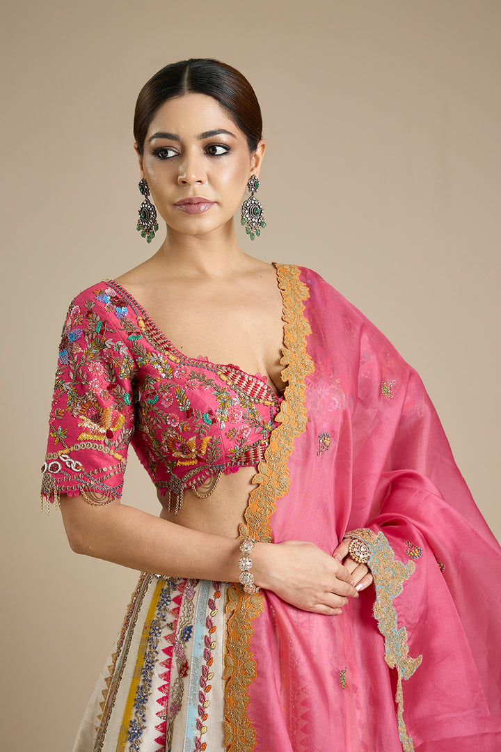 Ivory Embroidered Lehenga Set with Pink Organza Dupatta | RTS
