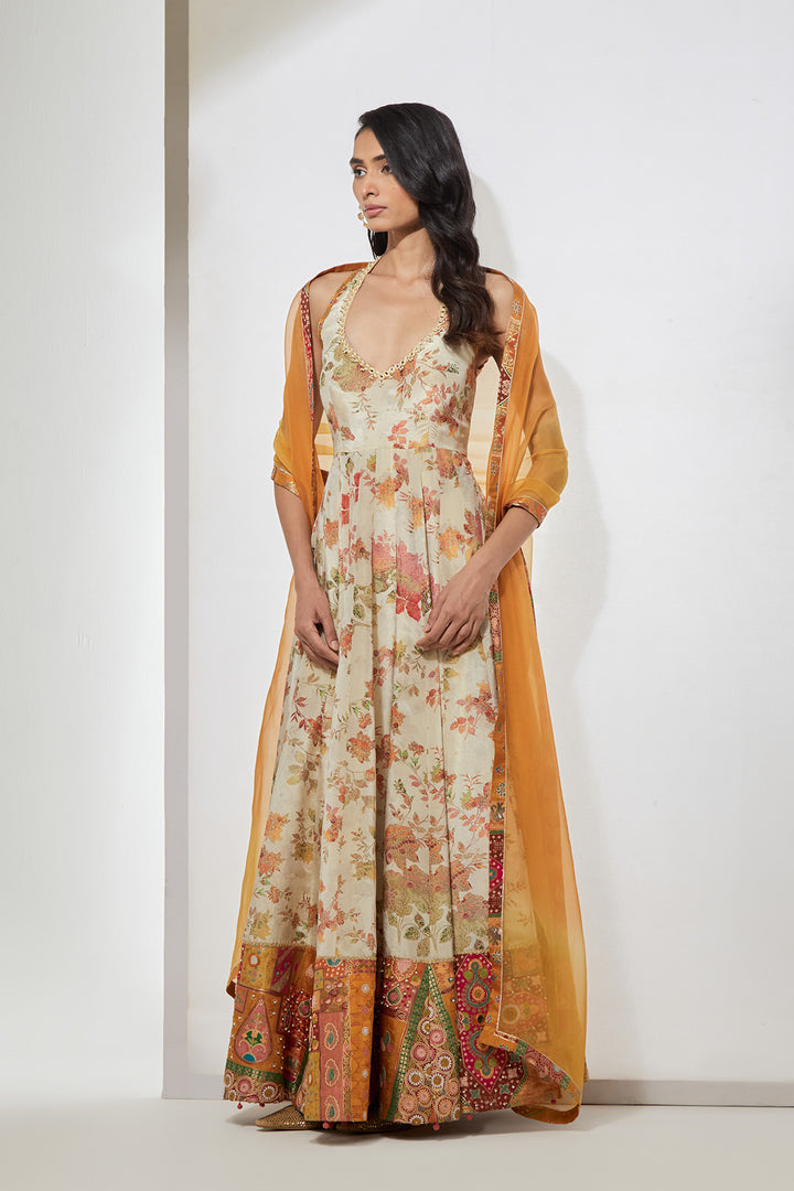 Ivory Floral Printed Anarkali Set