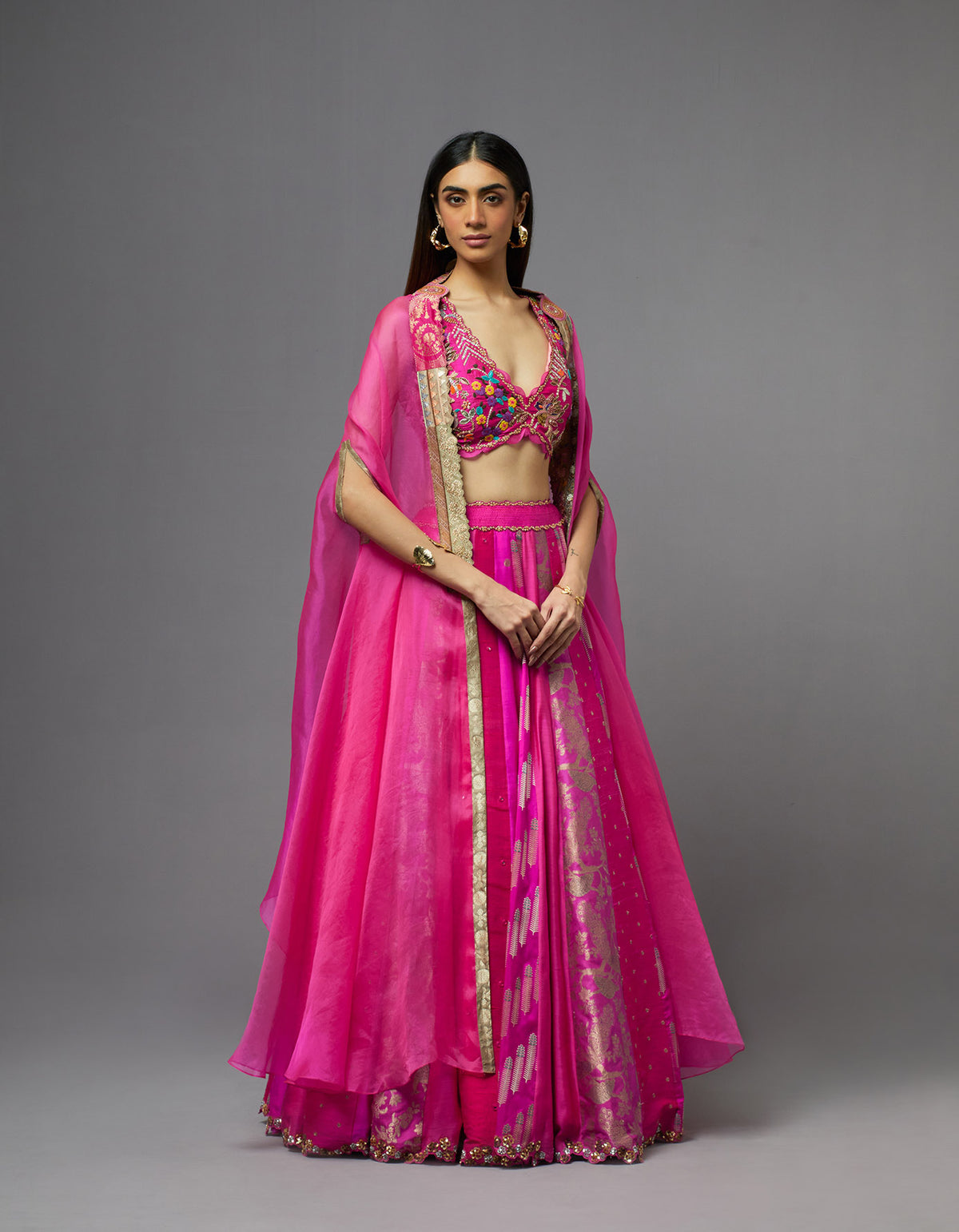 Fuchsia Cape and Silk Skirt Set