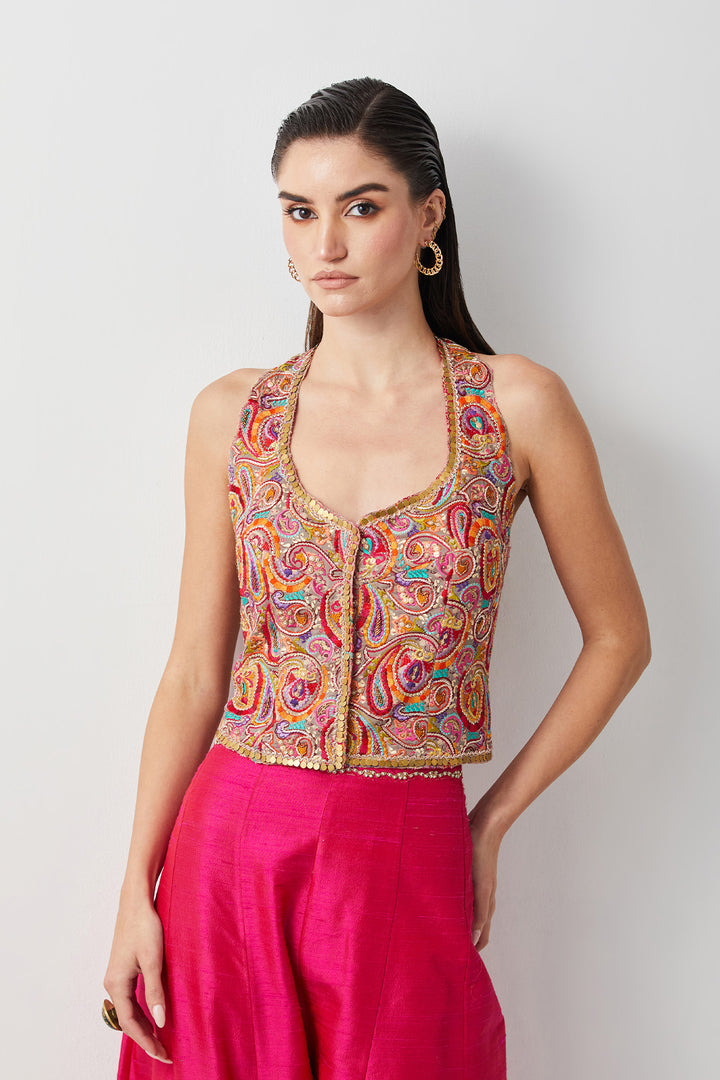 Hot pink embroidered and multi corset plazzo set