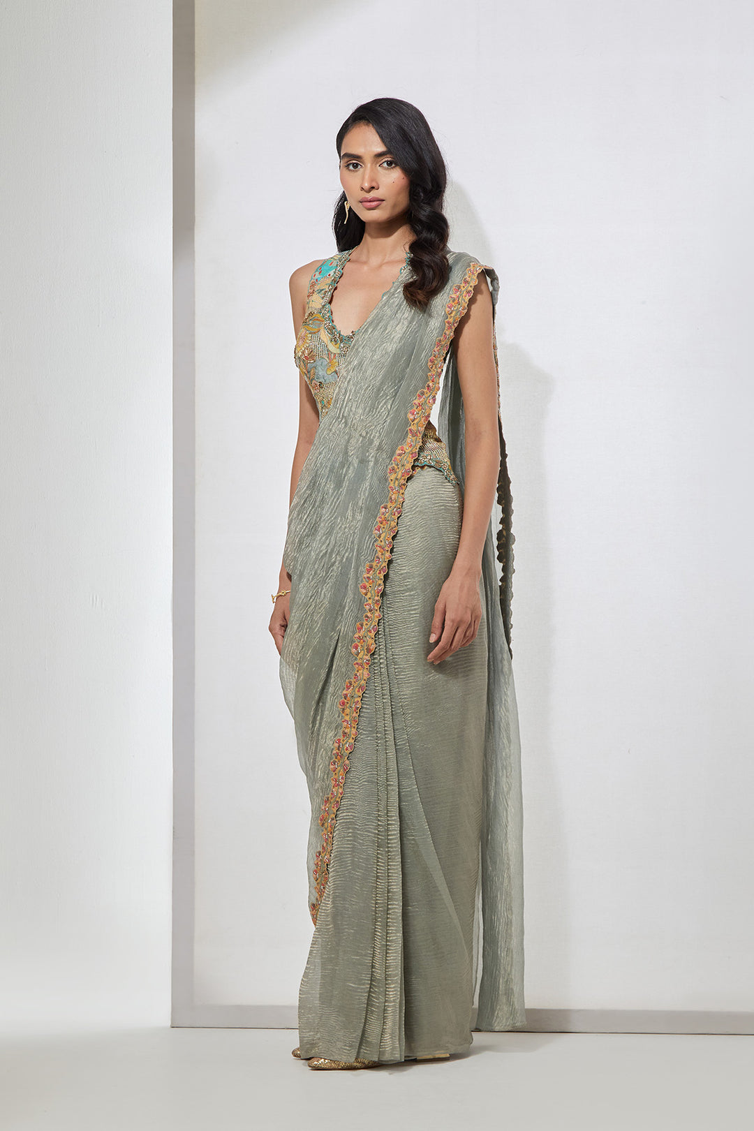 Powder Blue Embellished Pre-Draped Saree with Corset Blouse