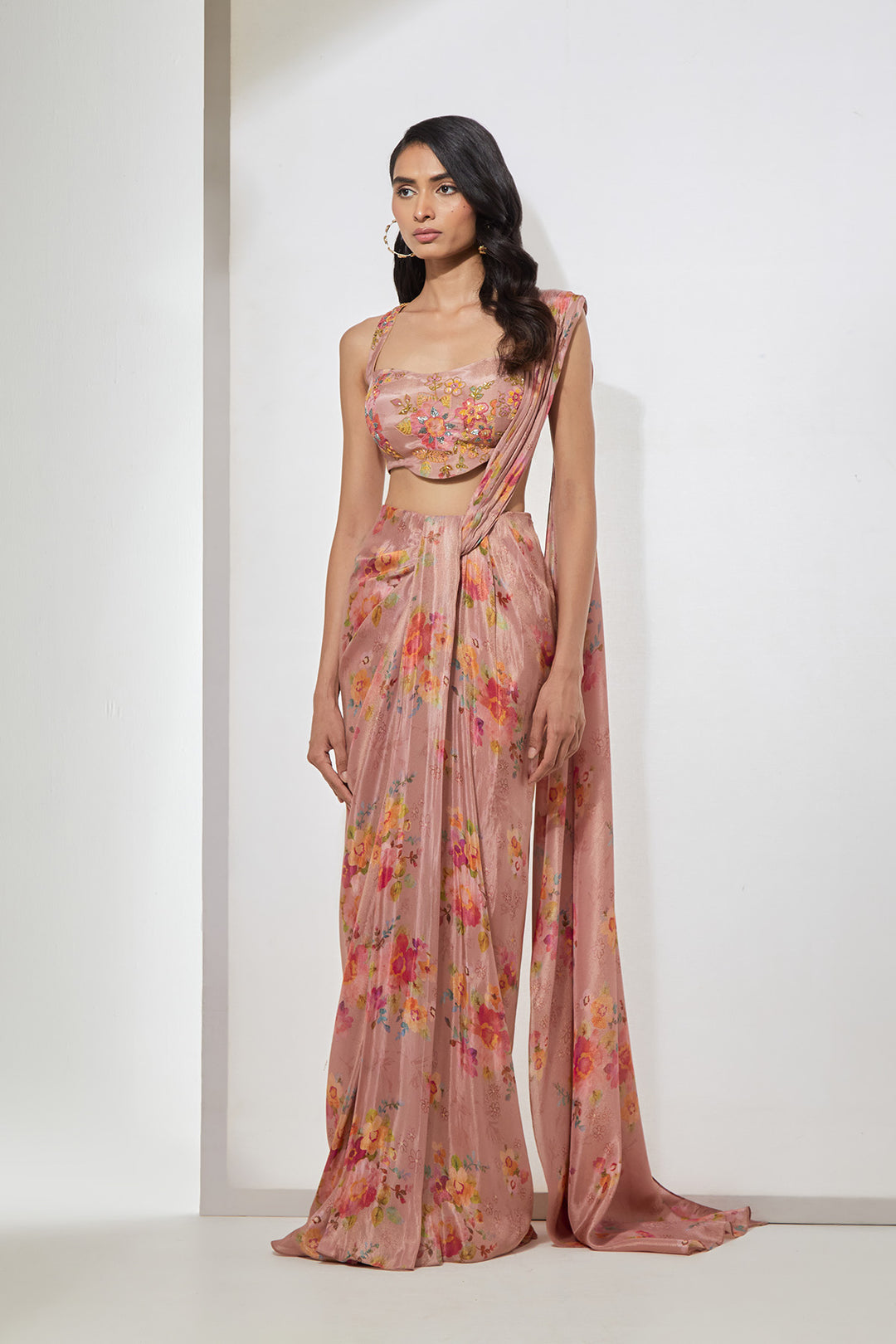 Blush Pink Floral Printed Pre-Draped Saree with Corset Blouse