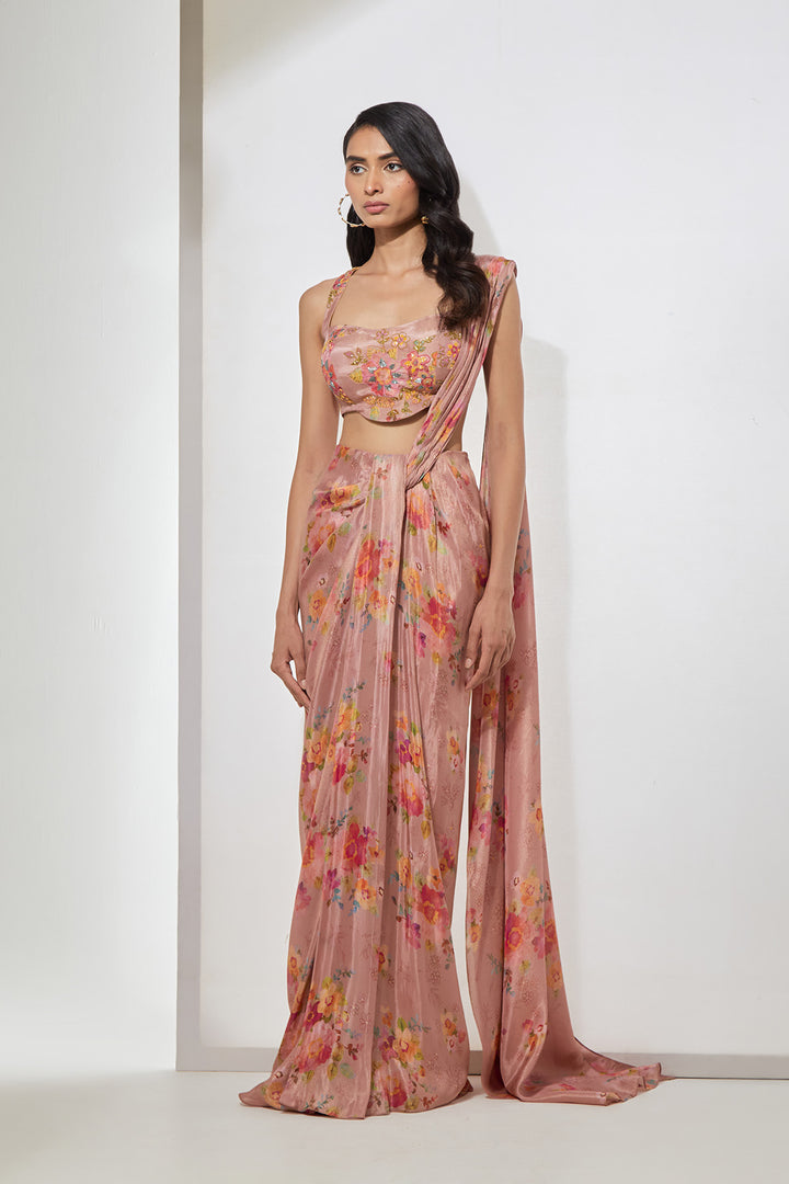 Blush Pink Floral Printed Pre-Draped Saree with Corset Blouse