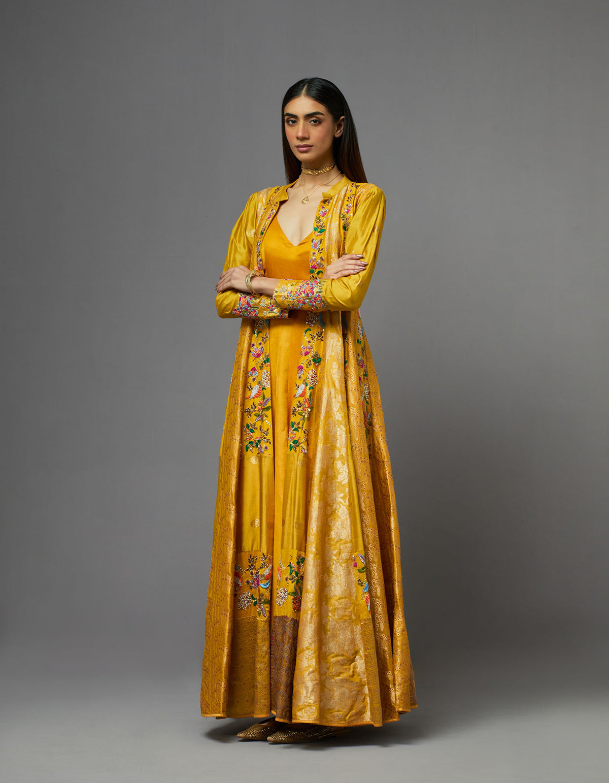 Yellow Embroidered Jacket and Kalidar Set