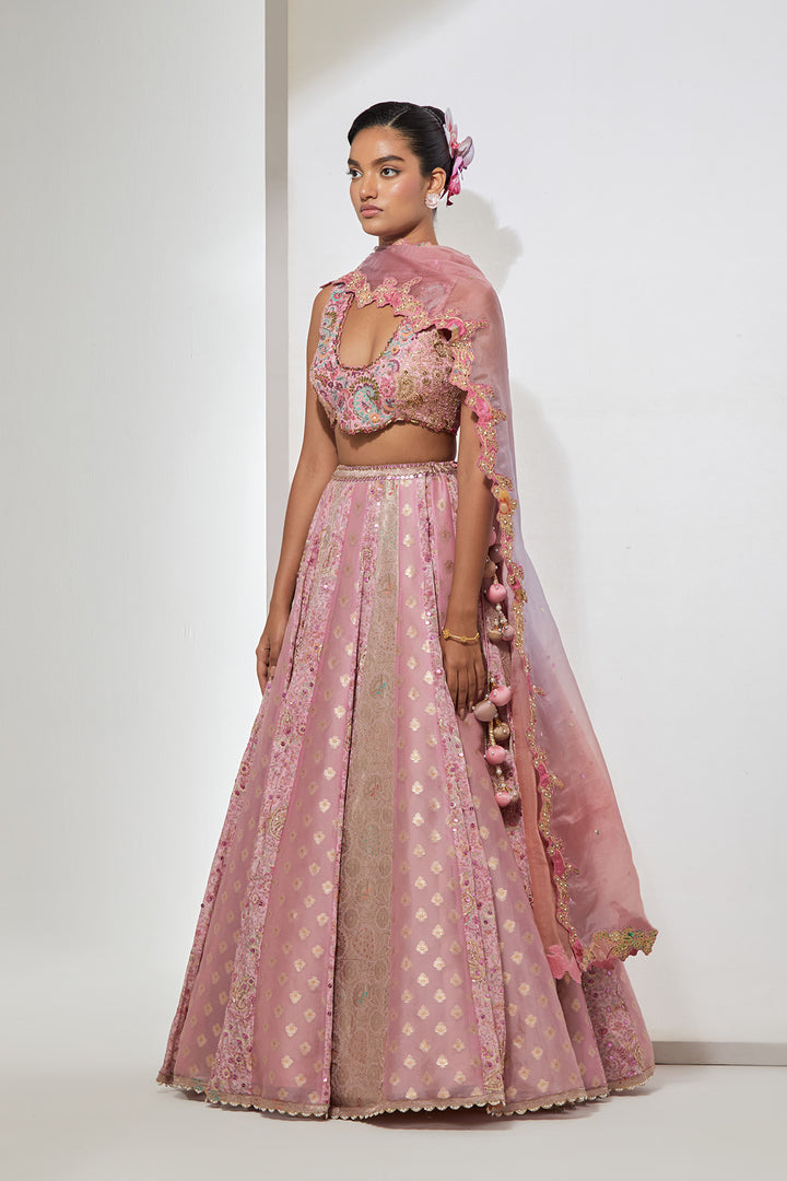 Pink Brocade Lehenga Set with Embellished Bralette &amp; Organza Dupatta
