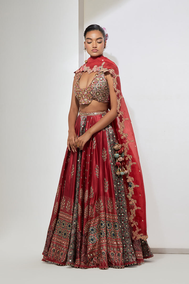 Cherry Red Ajrakh Printed Silk Lehenga Set with 3D Mirror &amp; Gota Heavy Blouse