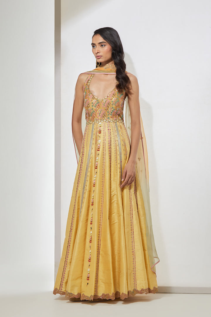 Mustard Yellow Sleeveless Anarkali with Multicolor Threadwork &amp; Tassel Detailing
