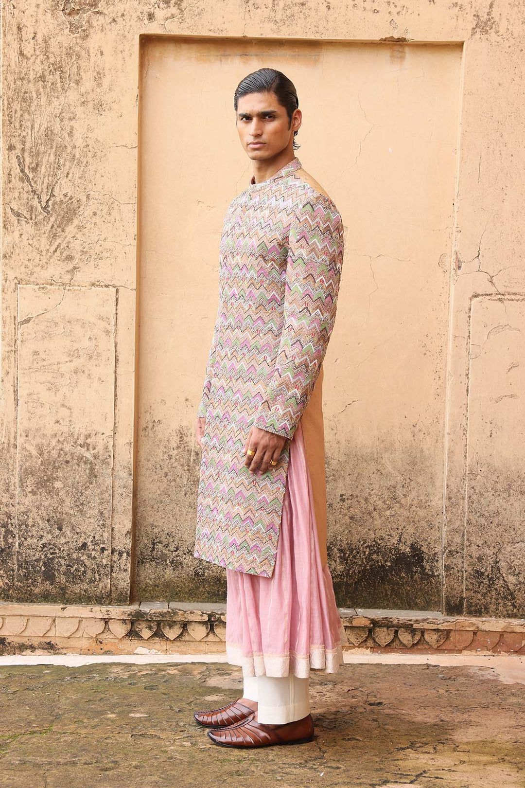 Textured sherwani with layered kurta