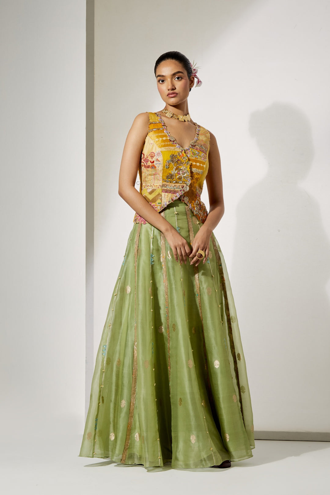 Sunflower Embroidered Corset &amp; Green Organza Skirt Set