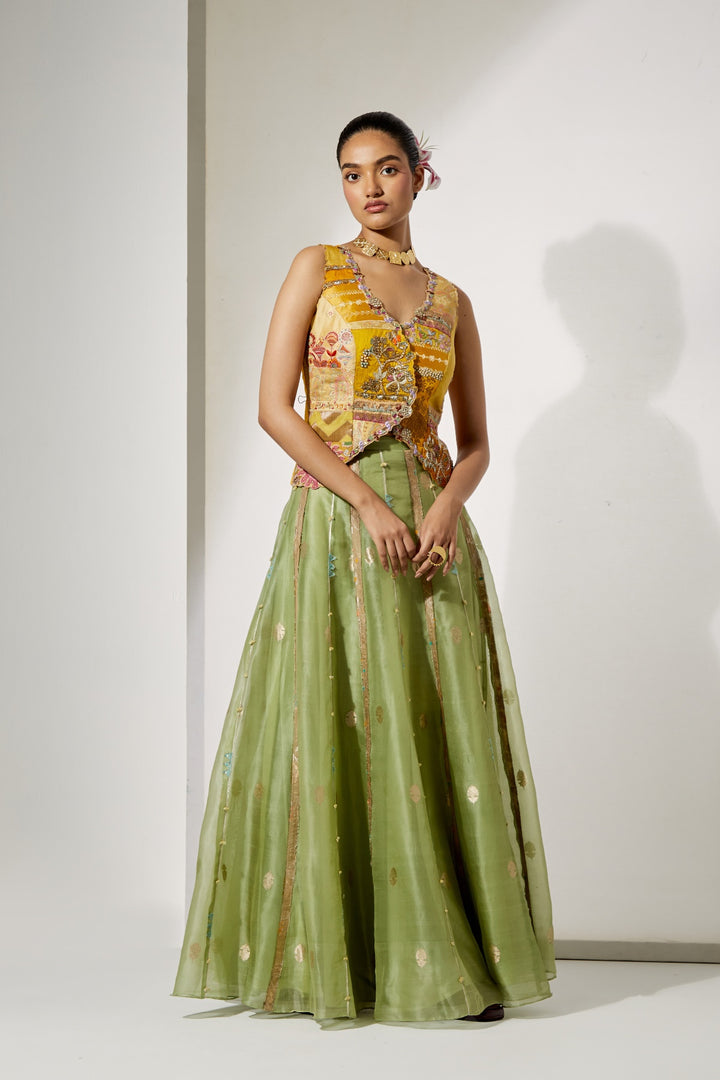 Sunflower Embroidered Corset &amp; Green Organza Skirt Set