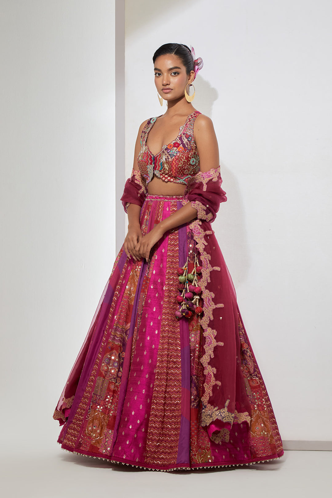 Fuchsia Pink Patchwork Banarasi Silk Lehenga Set with Heavy Multicolor Embroidered Blouse